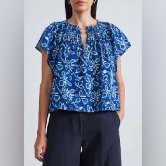 Apiece Apart Tops - APIECE APART Patricia Flutter Sleeve 100% Organic Cotton Indigo Floral Print Top